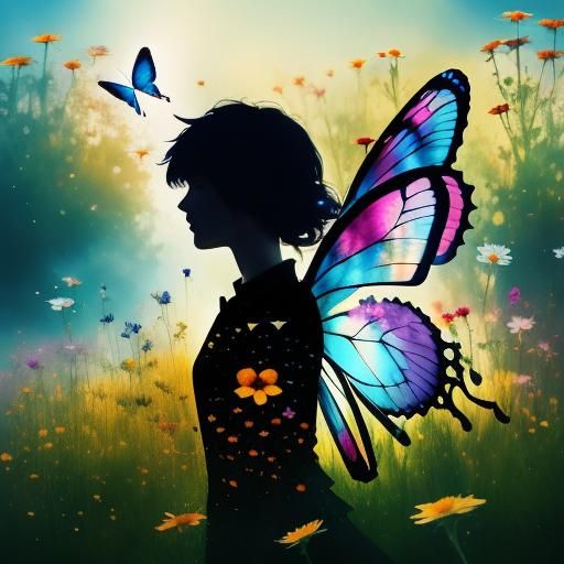 Fairy Silhouette with Butterfly and Wildflower Double Exposu...
