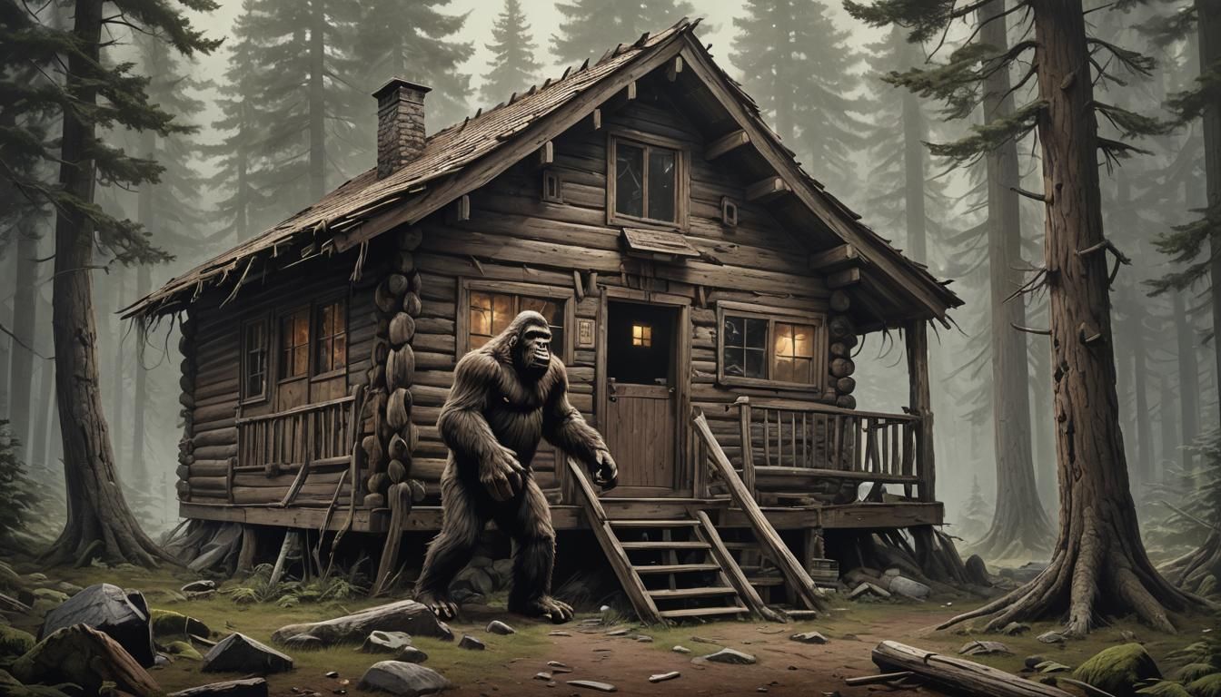 Sinister Bigfoot Research Cabin in Horror Style