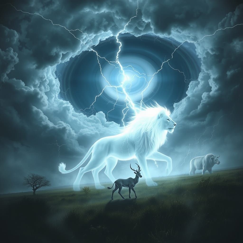 Ethereal Lion Stalking Gazelle in Stormy Sky