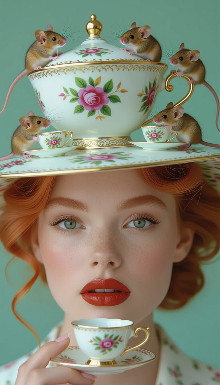 Extravagant Tea Table Hat Adorned with Mice