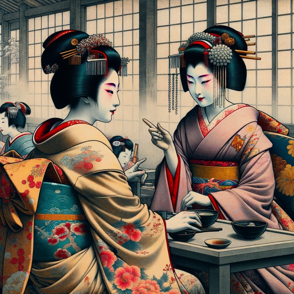 Geisha and Maiko Chatting in Woodblock Print Style