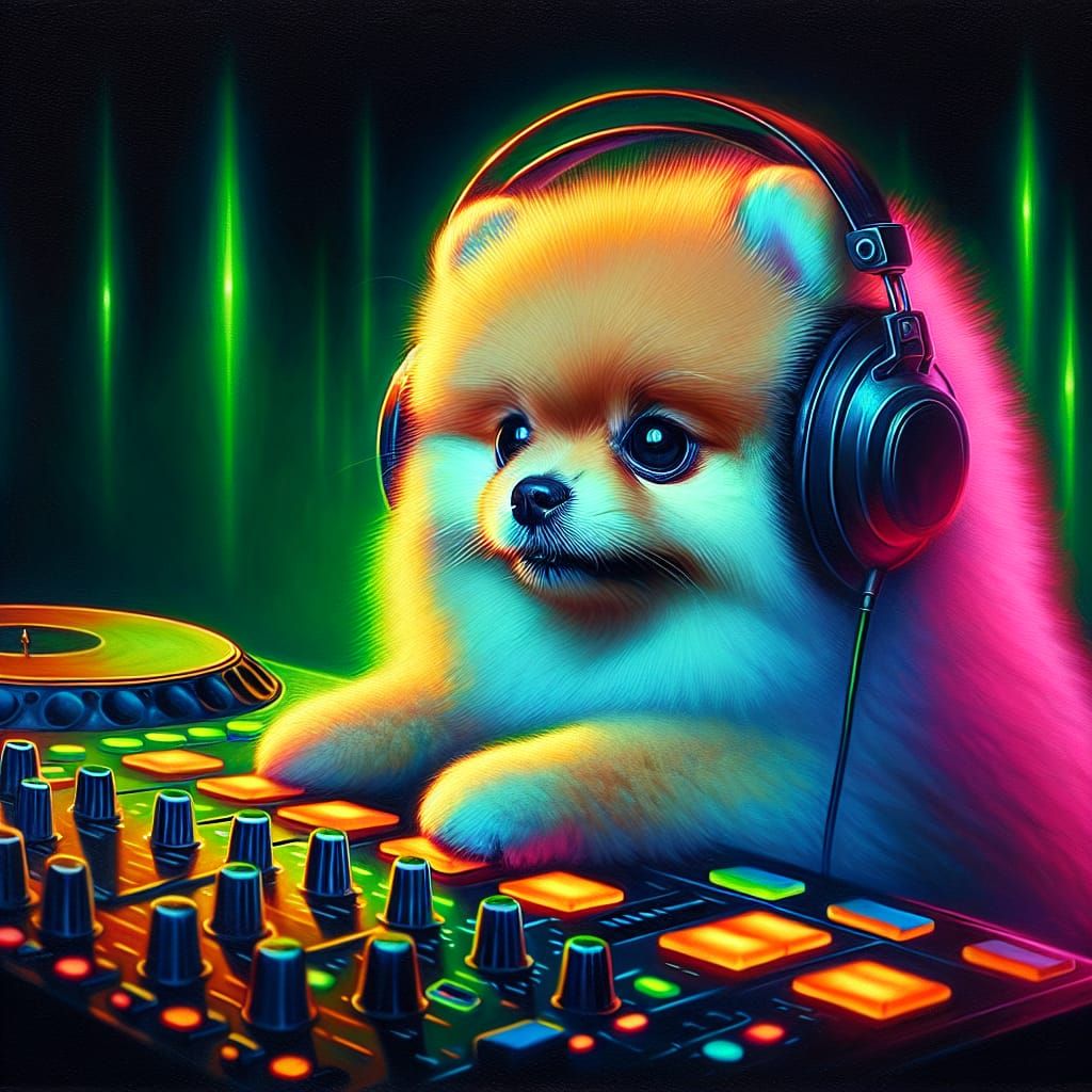 Pomeranian DJ Immersed in Neon Music