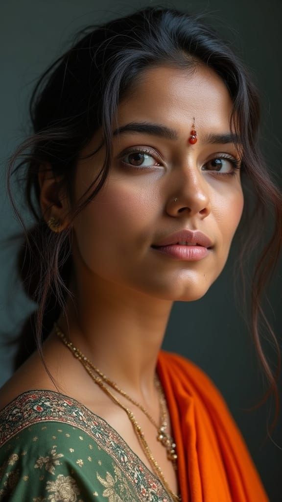Indian Woman in Green Bikini on Beach, Photorealistic