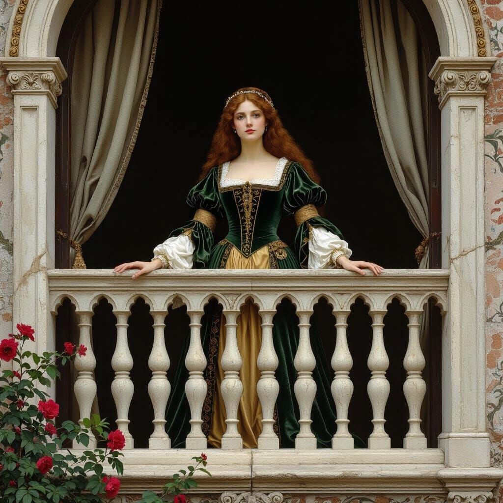 Juliette on Balcony in Pre-Raphaelite Style