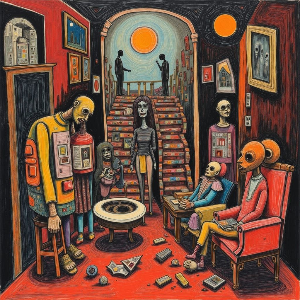 Escher Style Surreal Creatures Party in Unnatural House