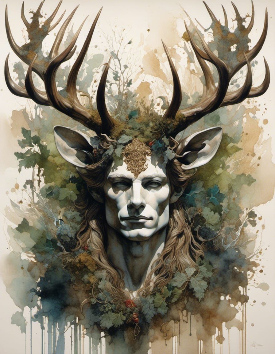 Druid King Portrait in Dark Watercolor Style