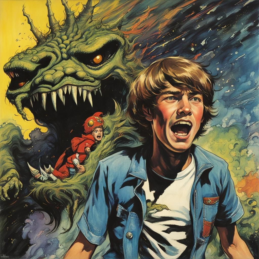 Teen Battles Cosmic Monster in 1970s Illustration