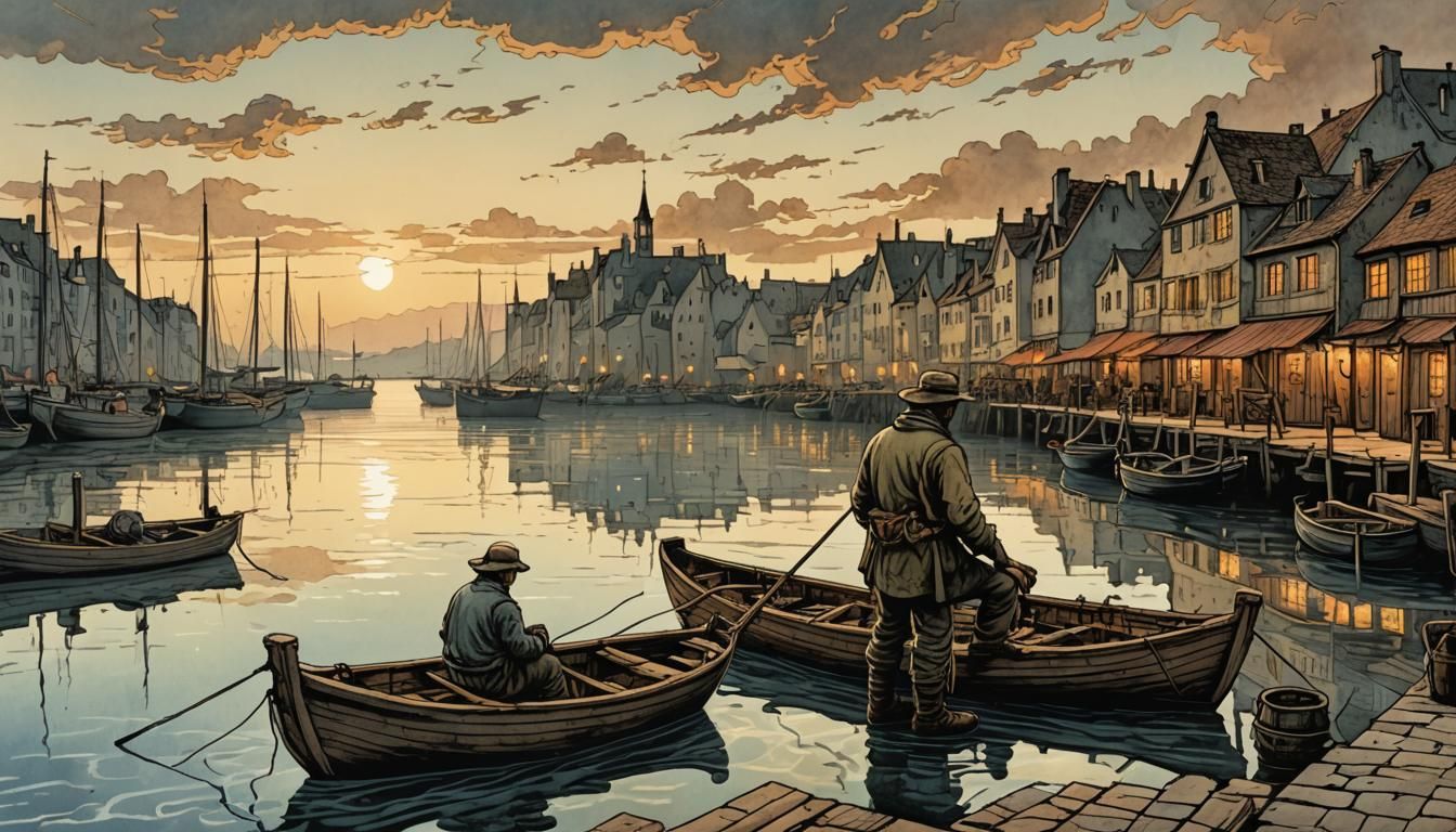 French Harbour Fisherman at Dawn in Watercolour Style