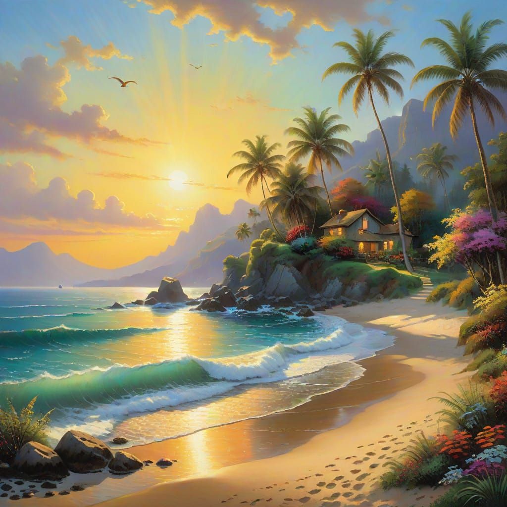 Golden Sand Beach in Vibrant Tropical Paradise