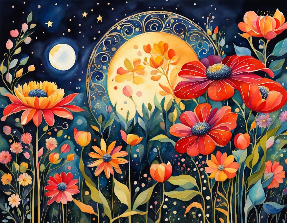 Magical Ladybug in Night Blooming Garden