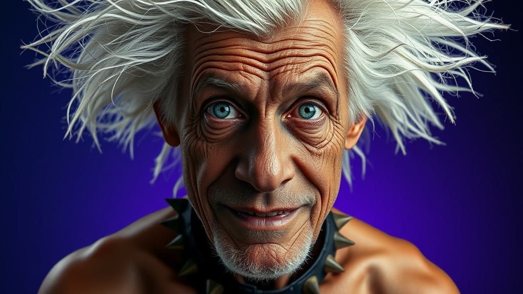 Eccentric Elderly Man with Unkempt White Hair in Dramatic Li...