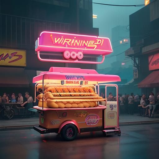 Cyberpunk Floating Hot Dog Restaurant with Neon Lights