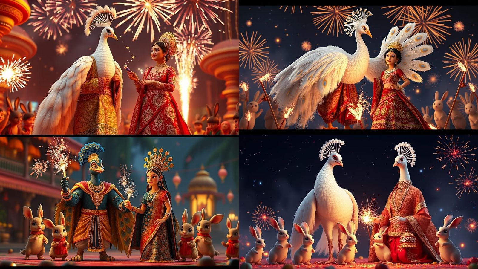 Peacock Family Celebrates with Fireworks: 3D Render