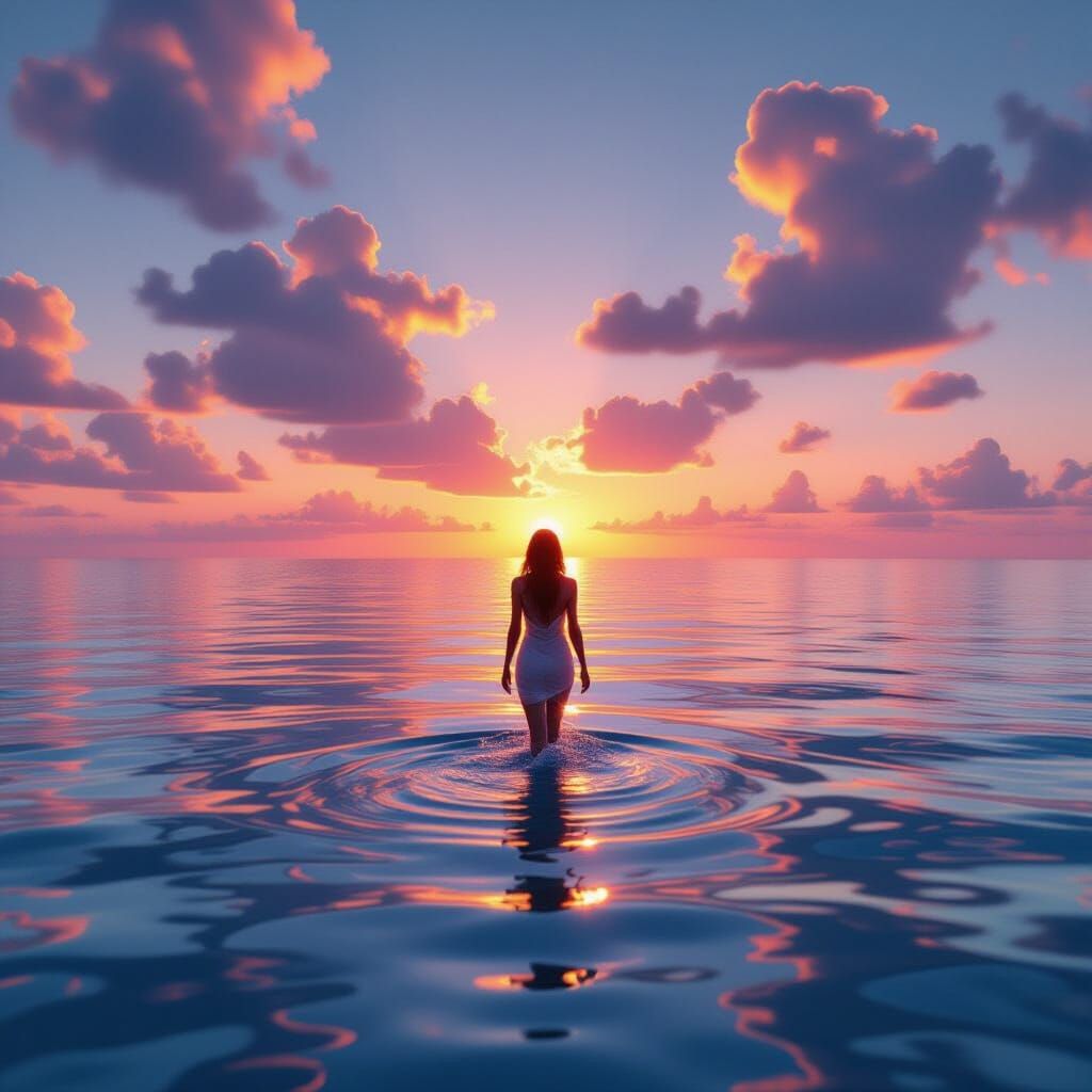 Woman Bathes in Golden Sunset Over Crystal Sea