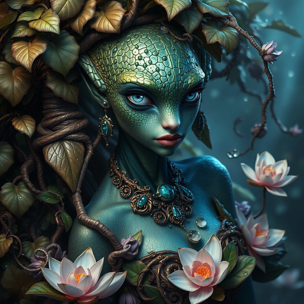 Ethereal Reptilian Woman in Dreamlike Fantasy Landscape