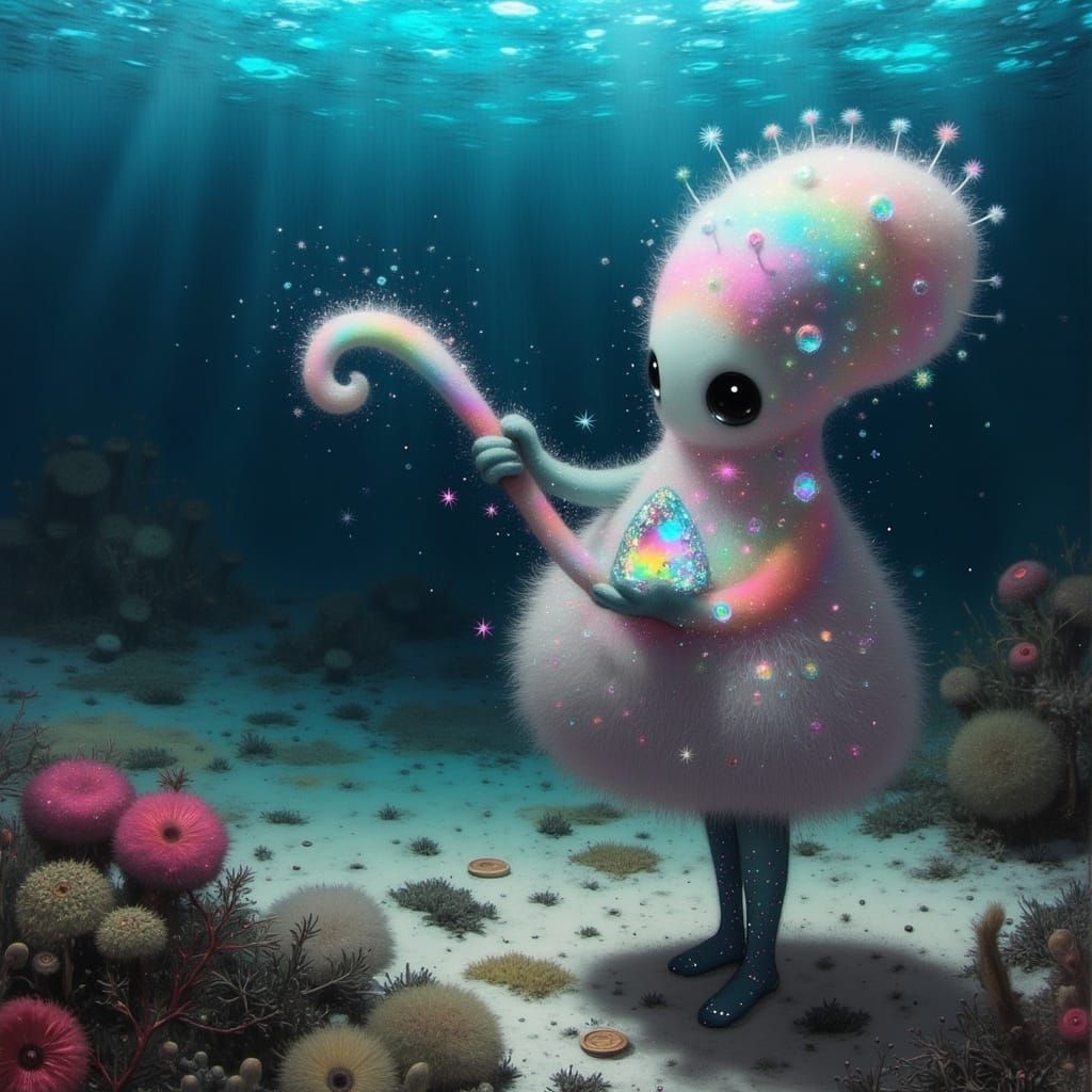 Whimsical Furry Octopus Reaches for Sunlit Ocean Waves
