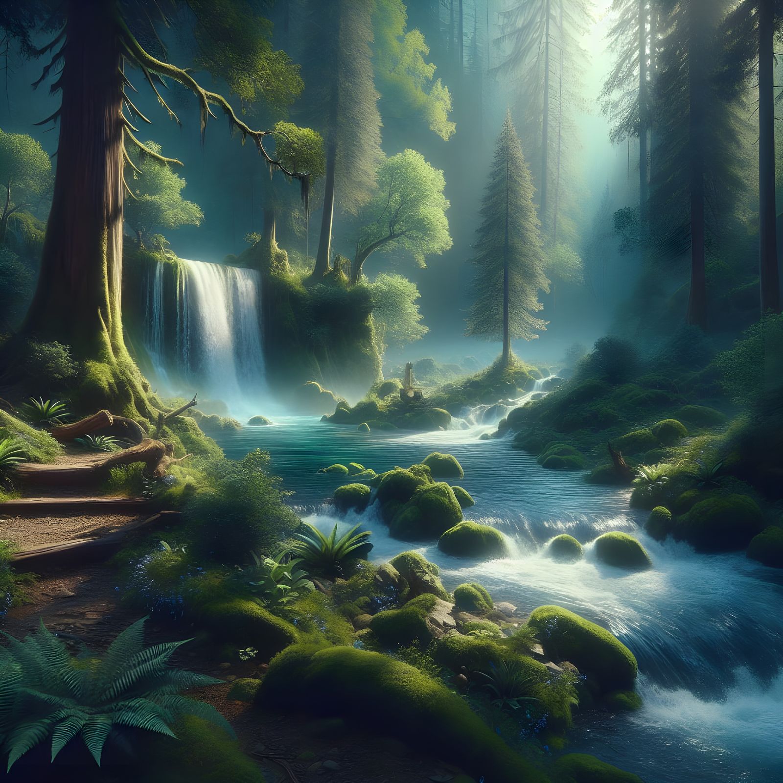 Enchanted Oasis Beside a Serene Forest Waterfall in Vibrant ...