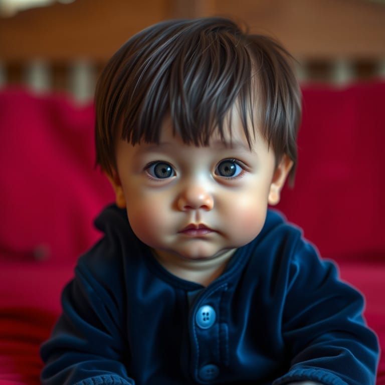 Beautiful Little Boy in a Blue Velvet Pajama with Red Bed