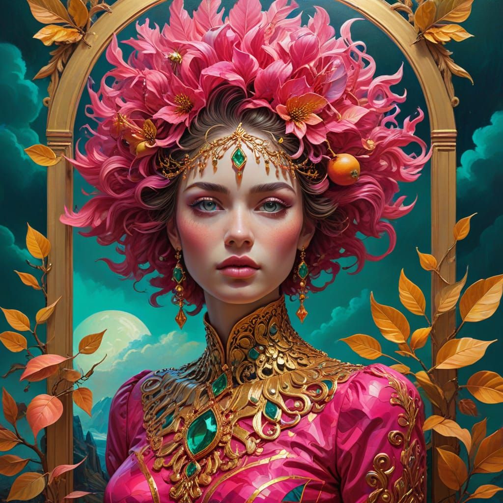 Regal Pink Tree with Golden Leaves and Gemstone Fruit