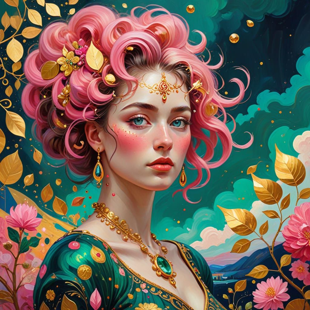 Majestic Pink Tree with Golden Leaves and Gemstone Fruit