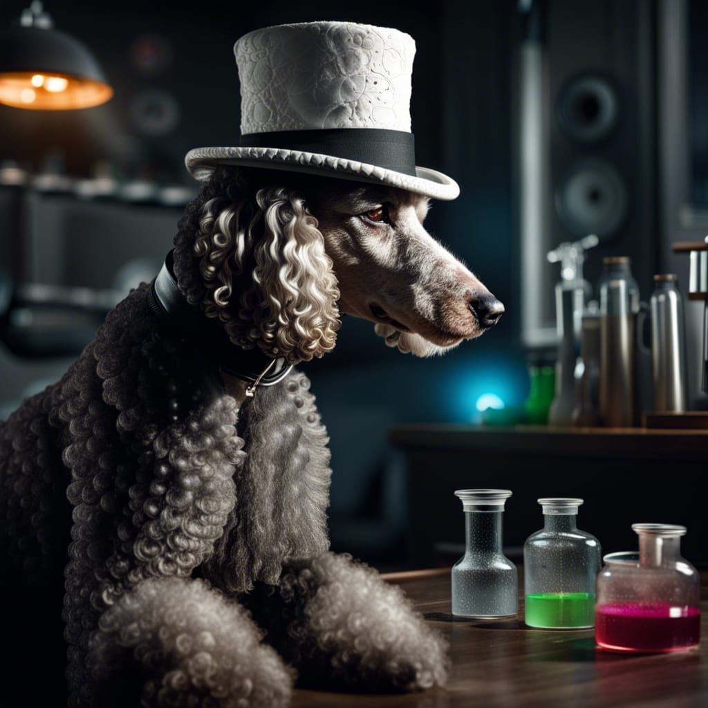Poodle-Man Scientist Conducting Lab Experiment