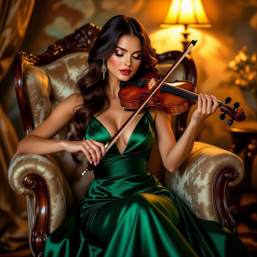 Beautiful Woman in Emerald Dress Plays Violin in Golden Ligh...