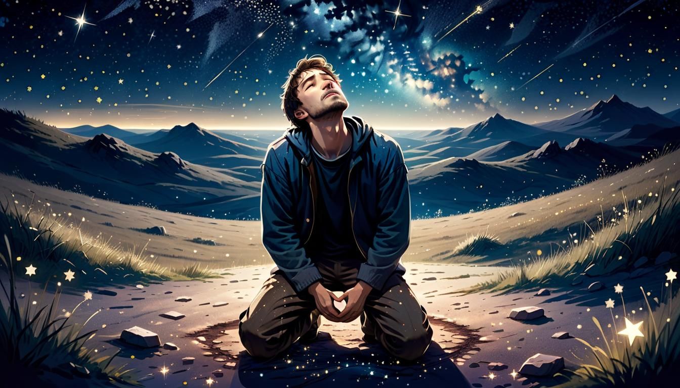 Exhausted Man Kneeling Under Starry Night Sky