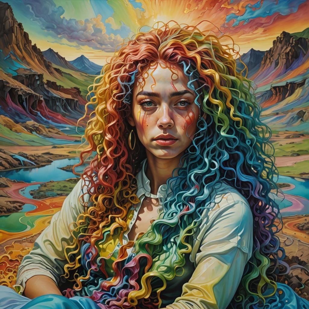Surreal Woman with Rainbow Hair, Salvador Dali Style