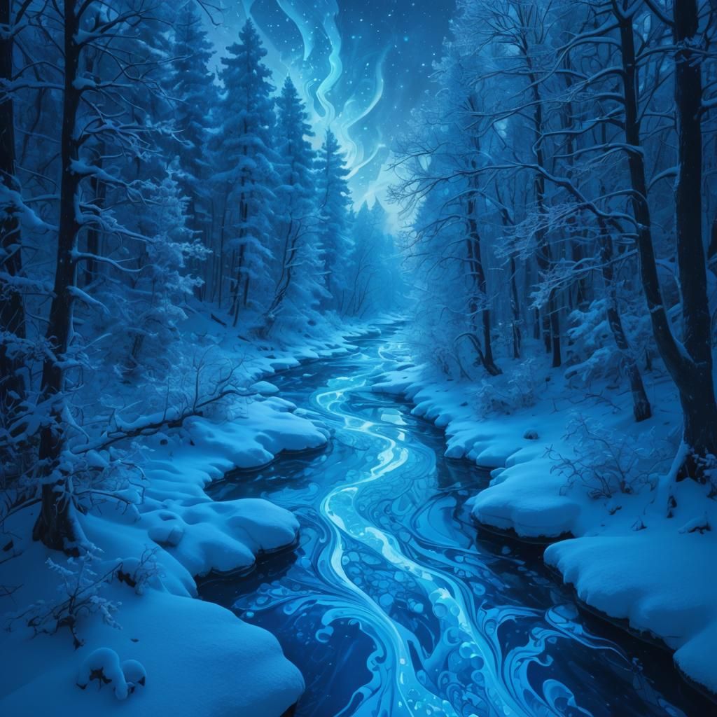 Ethereal Winter River in Snowy Woodland Abstract Fractal Art