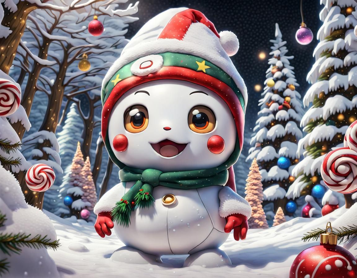 Pokemon-Style Christmas Snowman in a Magical Forest