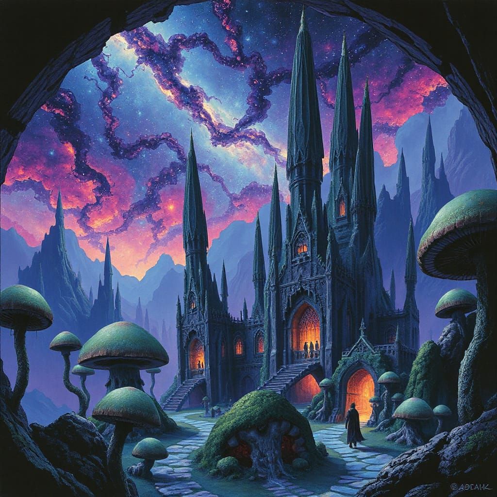 Elven City in Bioluminescent Mushroom Forest Under Nebula Sk...