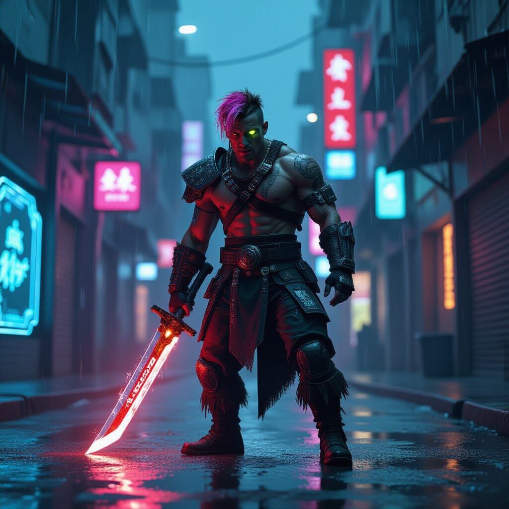 Cyberpunk Warrior Drops Energy Sword in Neon Alley
