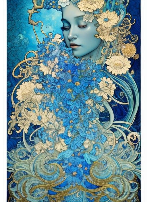 Intricate Floral Ink Illustration with Glassy Liquid Details