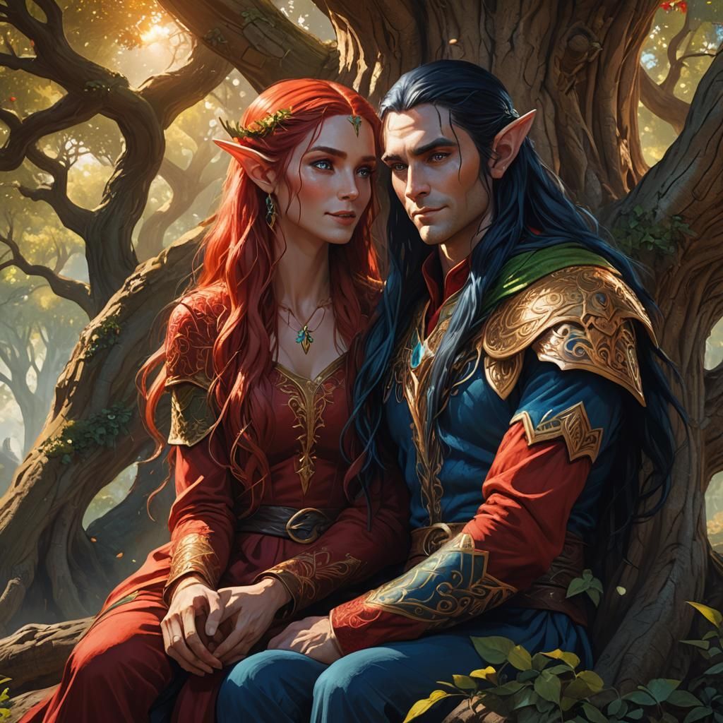 A huge tree stands at the edge of the woods. A tall male elf...