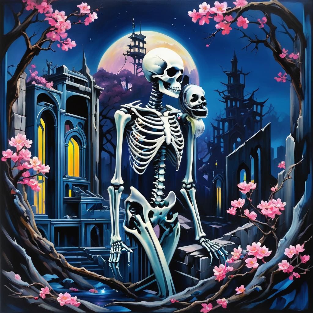 Mermaidpunk Raven in Arcology City Ruins Oil Painting