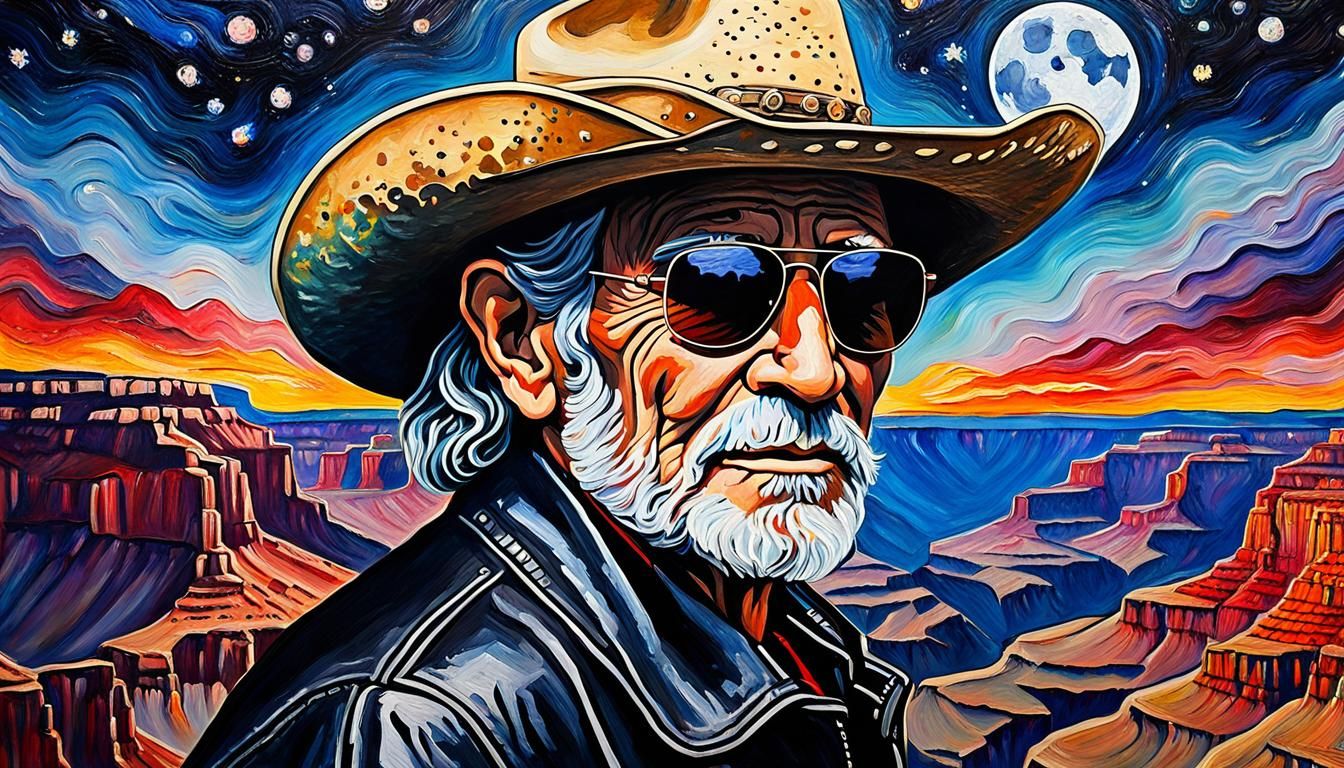 Willie Nelson in Rembrandt Style with Starry Night