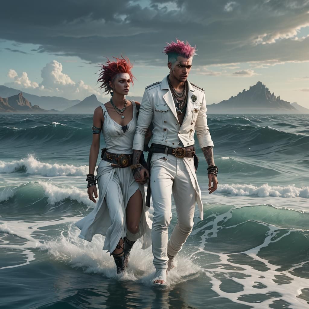 Punk Man Walks on Water with Woman: Fantasy Art