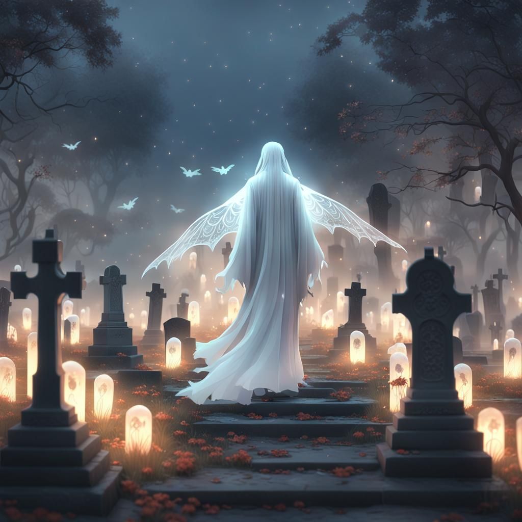 Mystical Anime Ghost Dancing in Misty Graveyard
