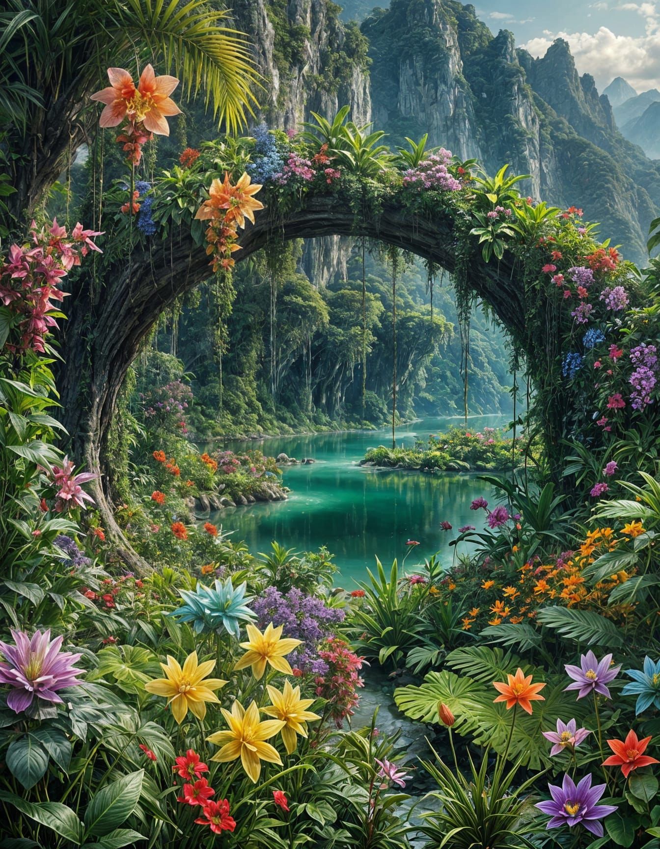 Exotic Jungle Waterfall in Arthur Rackham Style