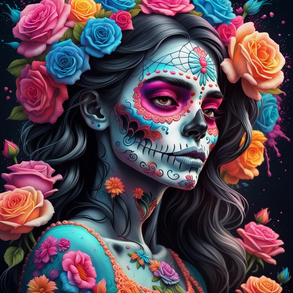 Fluorescent Catrina with Pink Flowers, Hyperrealistic Art