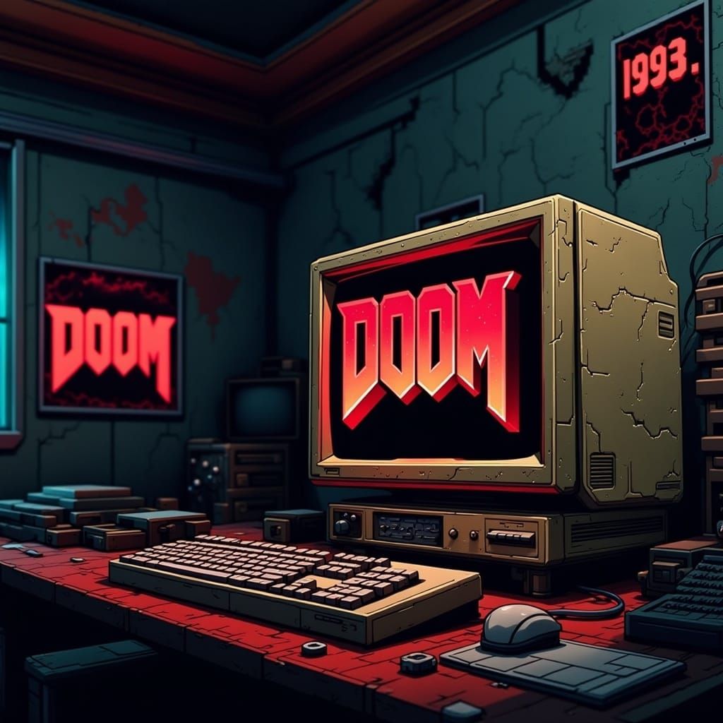 Retro Doom Logo Glows on Vintage CRT Monitor