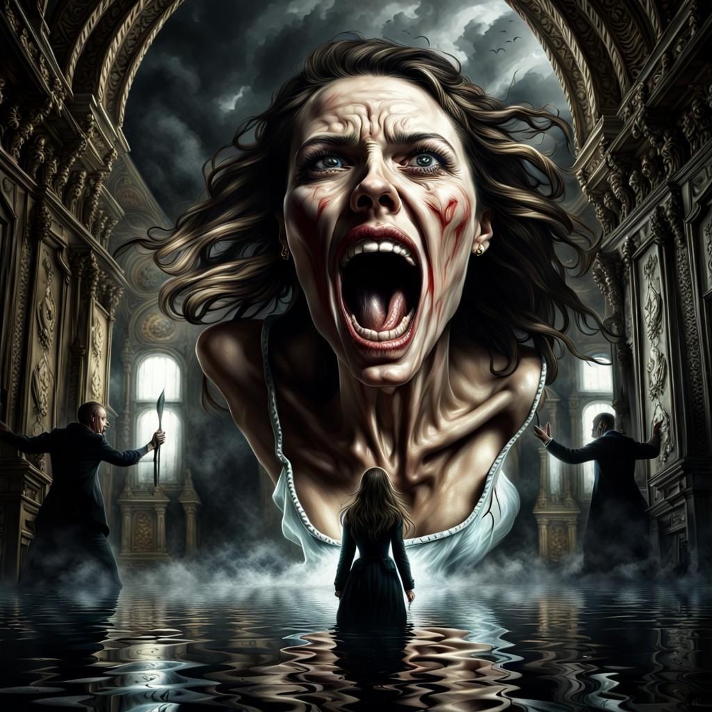 Terrified Woman with Killer Reflection, Hyperrealistic Digit...