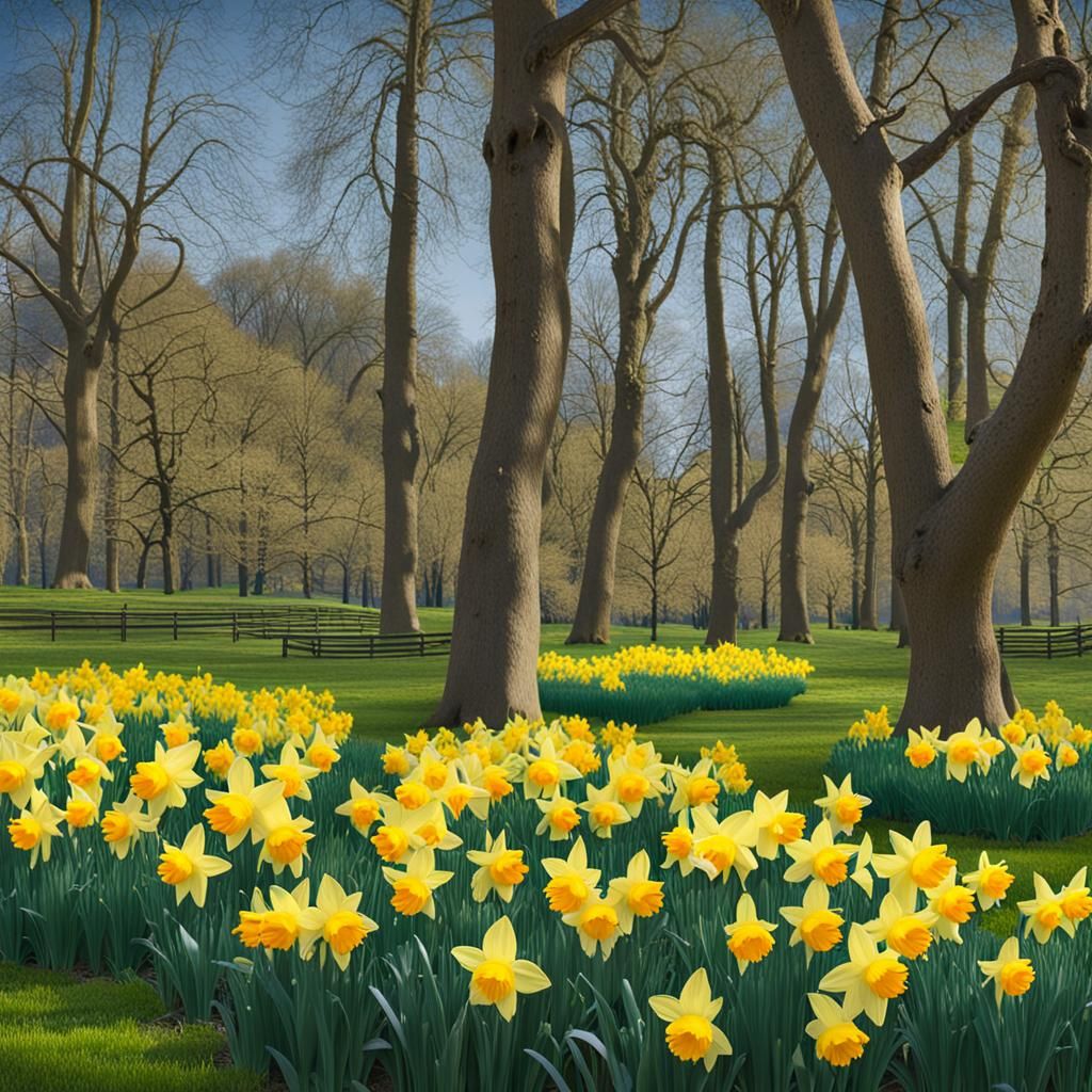 Spring Park Scene with Blooming Daffodils