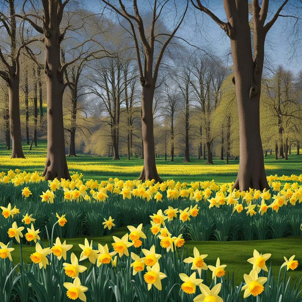 Spring Park Scene with Blooming Daffodils