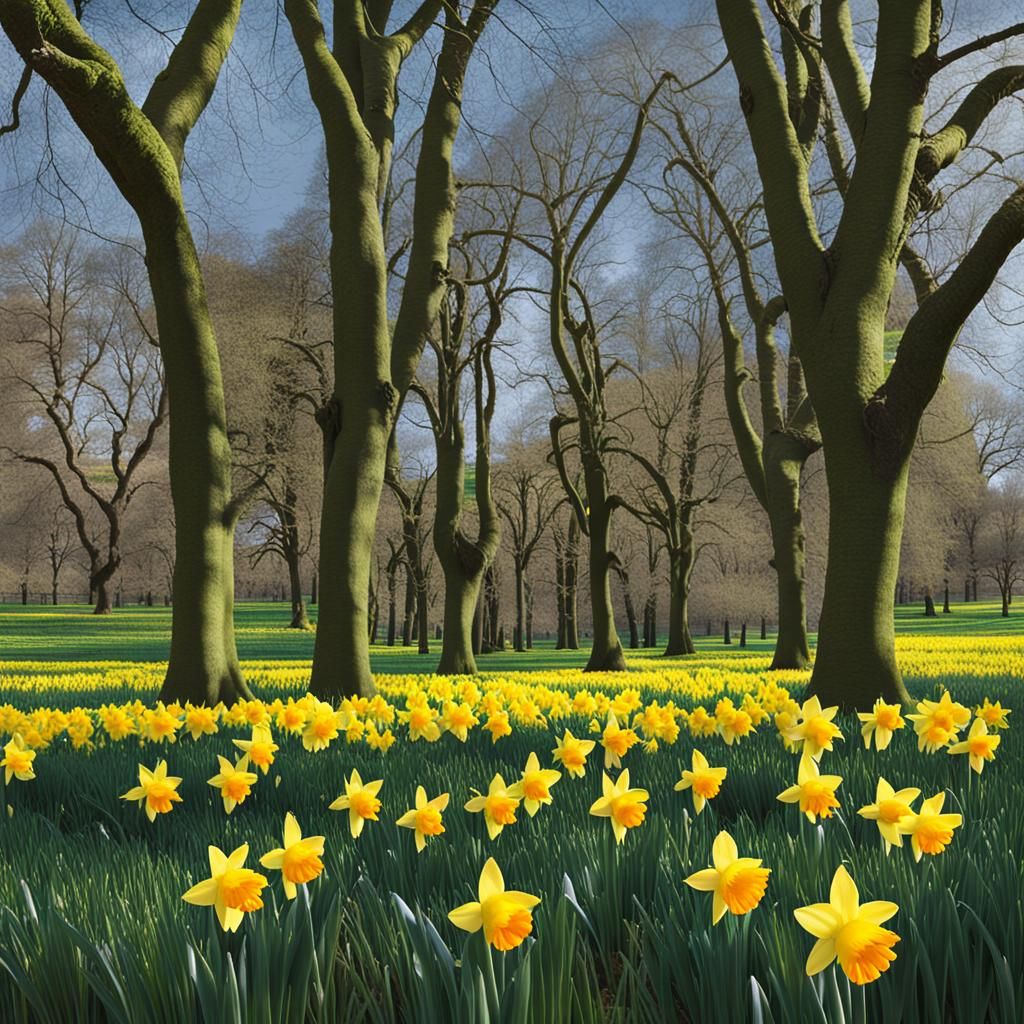 Spring Park Scene with Blooming Daffodils
