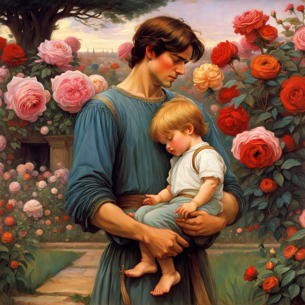 Father and Son in Rose Garden: Pre-Raphaelite Anime