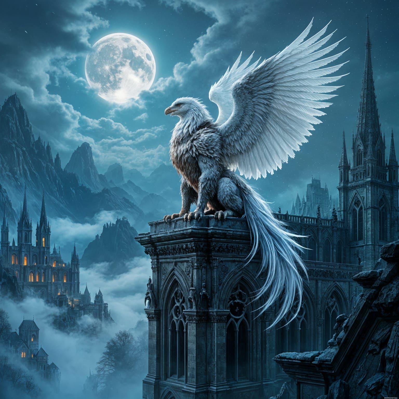 Griffin Overlooking Misty Valley in Gothic Horror Style