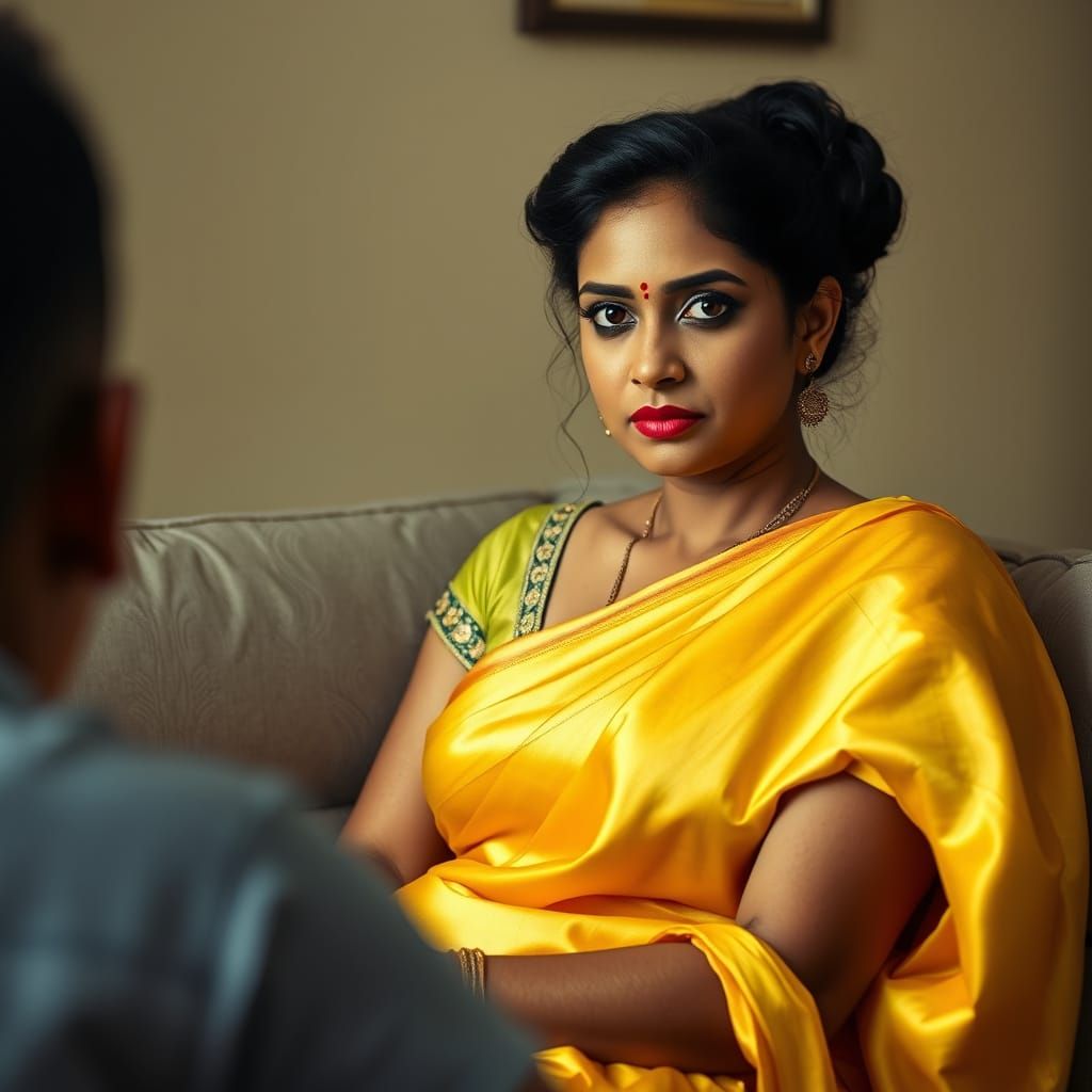 Stunning Indian Woman in Yellow Sari on Sofa