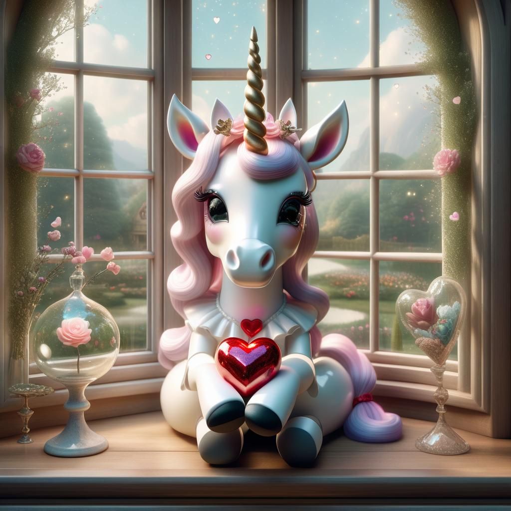 Unicorn in Bonnet with Heart, Dreamcore Garden View