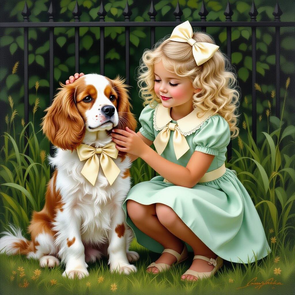 Girl and Cocker Spaniel in Lush Garden, Airbrush Art